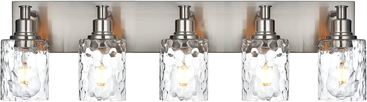 BONLICHT 5 Lights Sconces Wall Lighting Brushed Nickel with Hammered Glass Shade, Industrial Bathroom Light Fixtures Vanity Lights Porch Light Fixtures Classic Metal Wall Mount Lamp Over Mirror