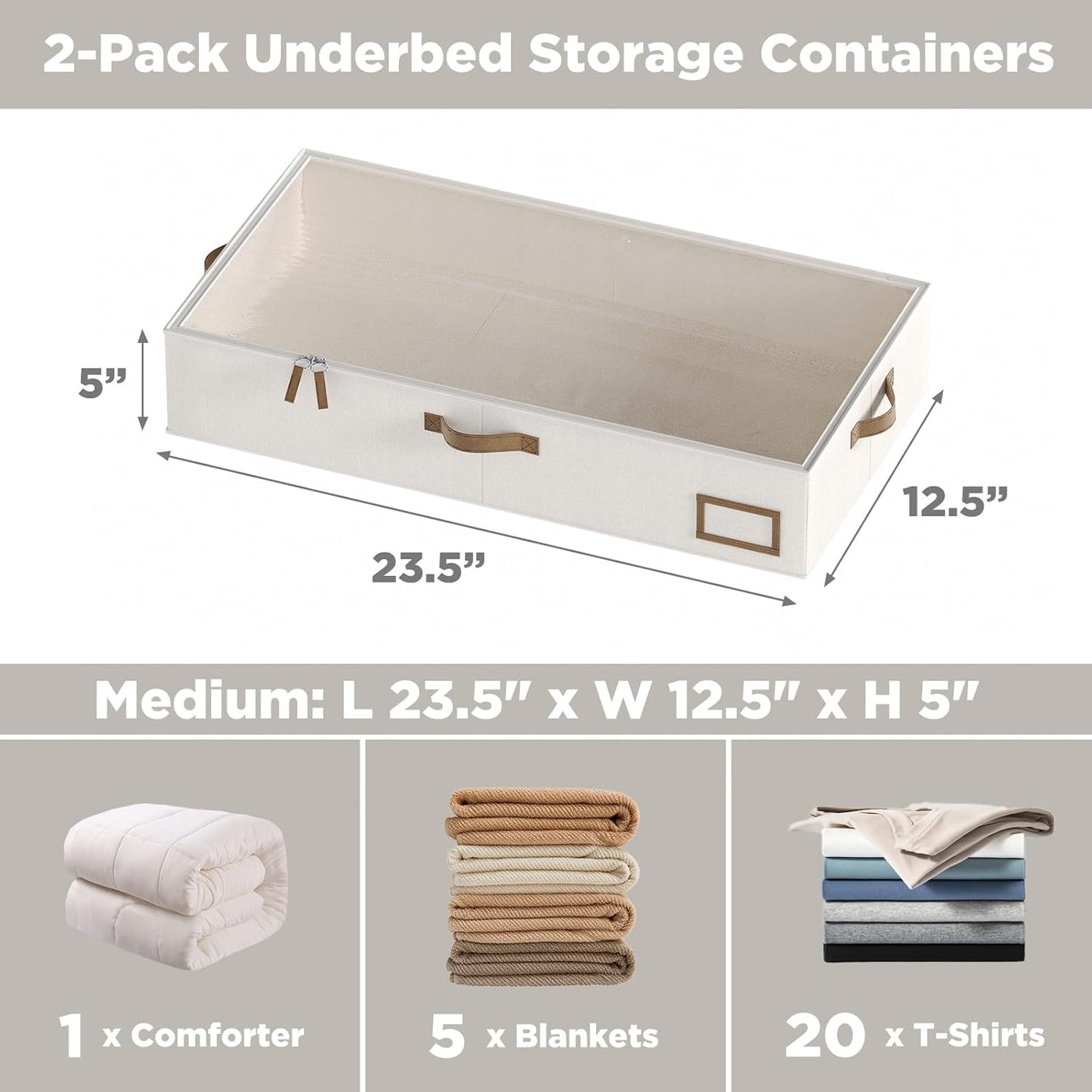Under Bed Storage Containers, 2-Pack Underbed Storage Box, Collapsible Clothes Storage Bins with Handles and Lid, Medium Under Bed Organizers for Shoe, Blanket, Toy, Pillow, Sheet, Beige