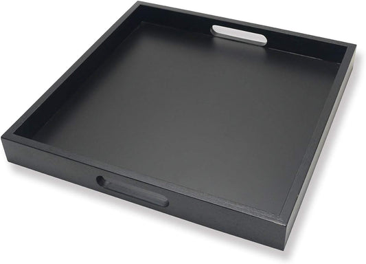 Square Wood Serving Tray with Handle, Ottoman Decorative for Home, 16x16 inches Black