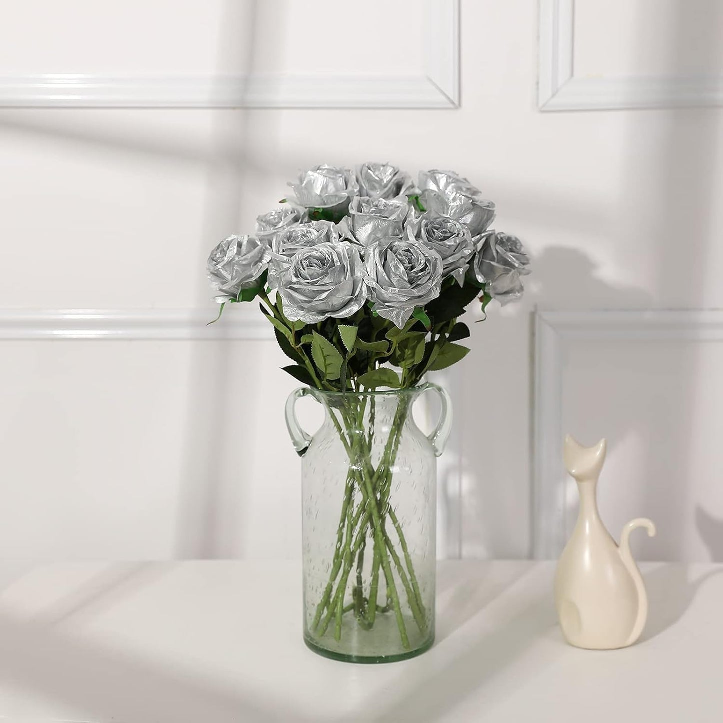 Silver Fake Roses Artificial Flowers - 10 Pcs Fake Artificial Roses Silk Flowers with Stems for Home Wedding Hotel Office Centerpiece Decor