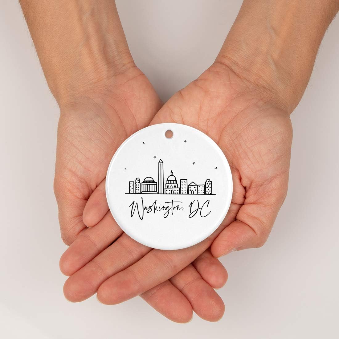 Andaz Press Round Ceramic Porcelain Christmas Tree Ornament, Washington, DC, Black and White Stars City Skyline, 1-Pack, Birthday Family Coworker, Includes Gift Box Washington DC Christmas Ornament