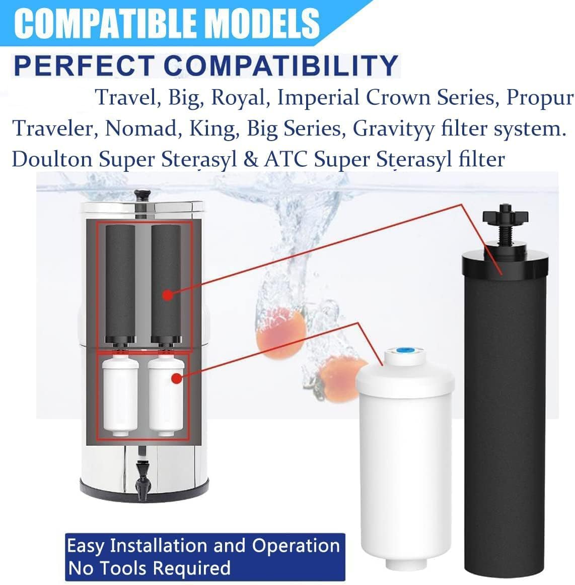 Water Filter Replacement Compatible with Berkey® Gravity Filter Filtration System, NSF/ANSI 42 Certified 4 Black Filters and 4 Fluoride Filters PF2 for Travel, Big, Royal Series