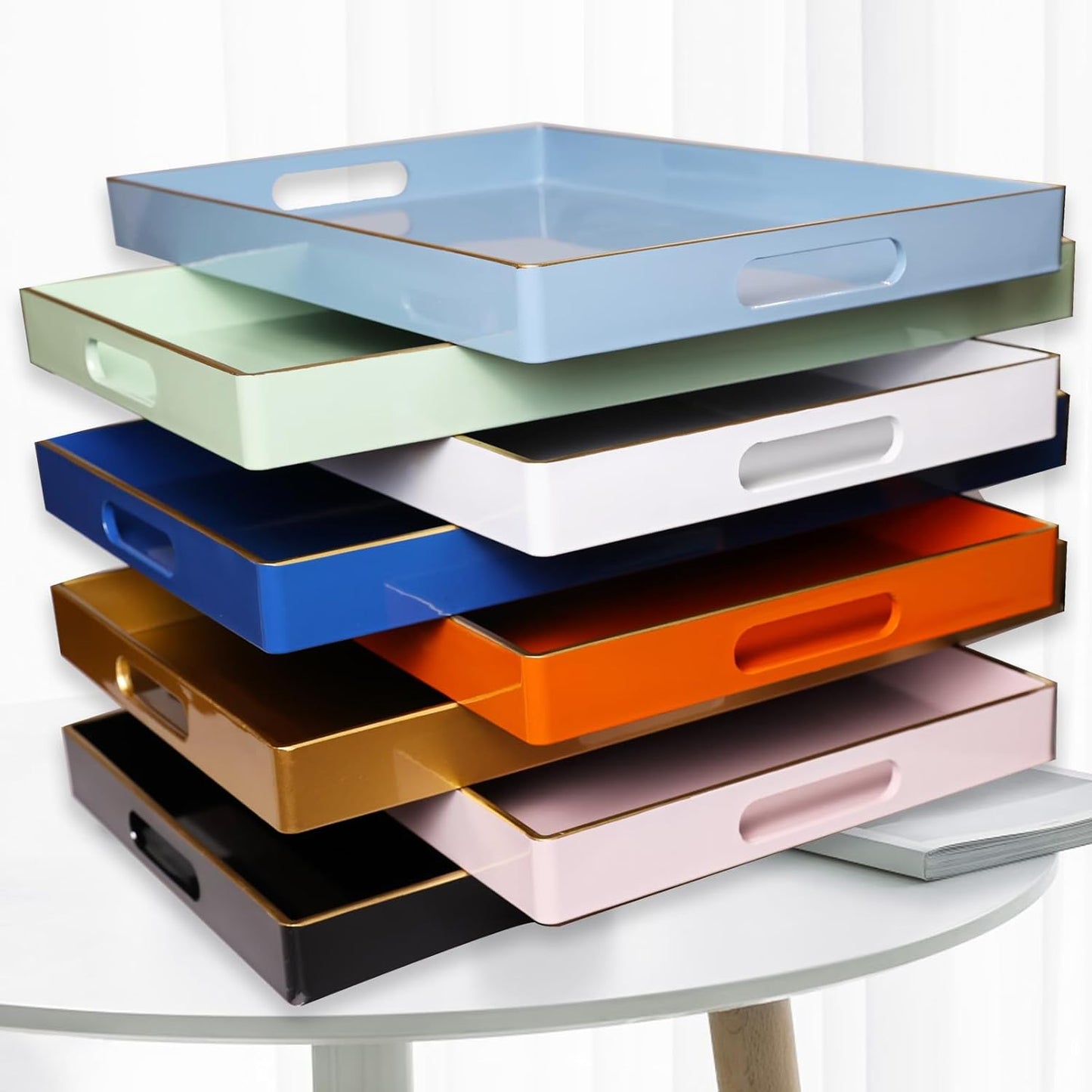 Spsyrine Pink Decorative Serving Tray with Handles, Elegant Plastic Coffee Table Tray for Ottoman, Living Room, Home Decor 15.6" X 10.2"