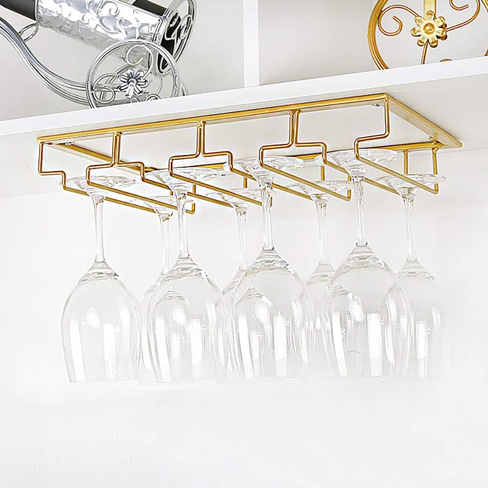 Wine Glass Rack Under Cabinet - Stemware Holder Metal Wine Glass Organizer Glasses Storage Hanger for Bar Kitchen Gold 4 Rows
