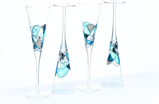 Victoria Barcelona Champagne Flute Set of 4 – 7.5 oz Mouth-Blown Turquoise Sea Glass | Hand-Painted Gaudí & Murano Inspired | Artistic Unique Gift Ideas for Her or Him