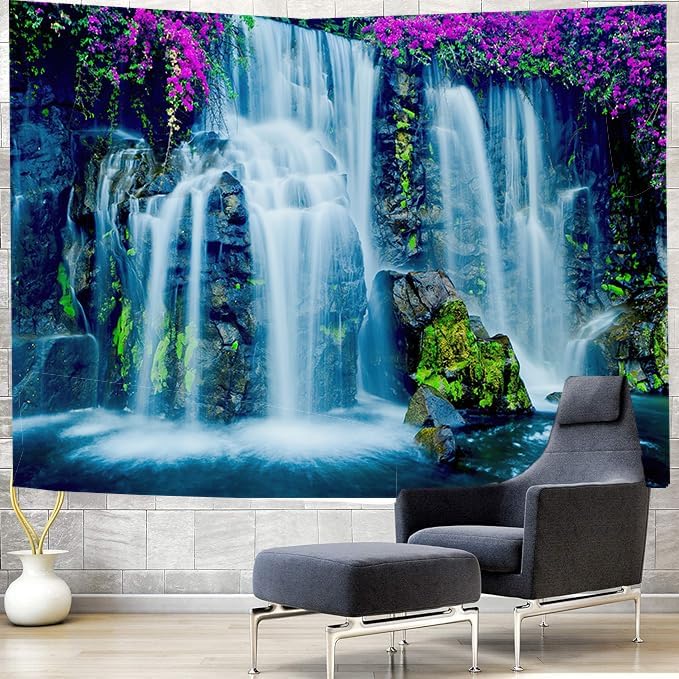 FENDROM Waterfall Tapestry Purple Forest Wild Flowers Floral Mountain Jungle Plants Nature Landscape Wall Hanging Bedroom Living Room Hanging Decorative Blanket