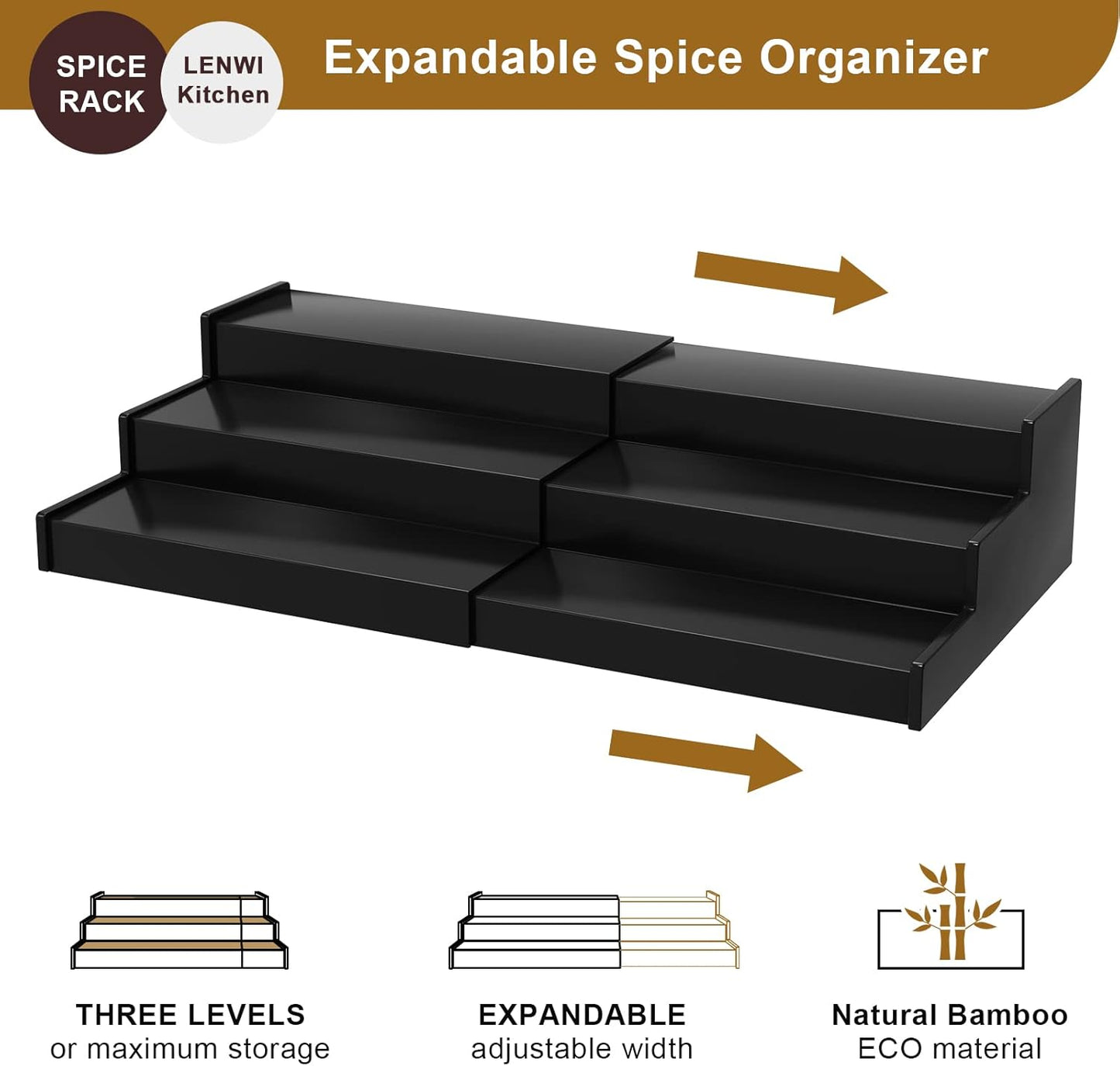 Spice Rack Organizer for Cabinet, 3 Tier Expandable Bamboo Spice Storage, Great for Kitchen Cabinet, Cupboard,Pantry and More(Black)