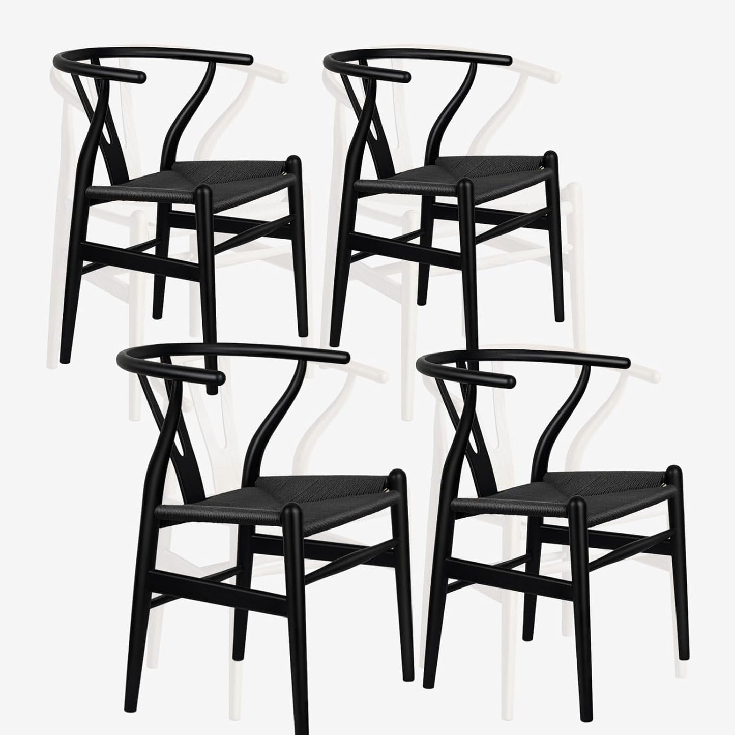 Wishbone Chair Natural Solid Wood Dining Chair/Hans Wegner Y Chair Rattan and Wood Accent Armrest Chairs Set of 4 (Ash Wood + Black 4 Chairs)
