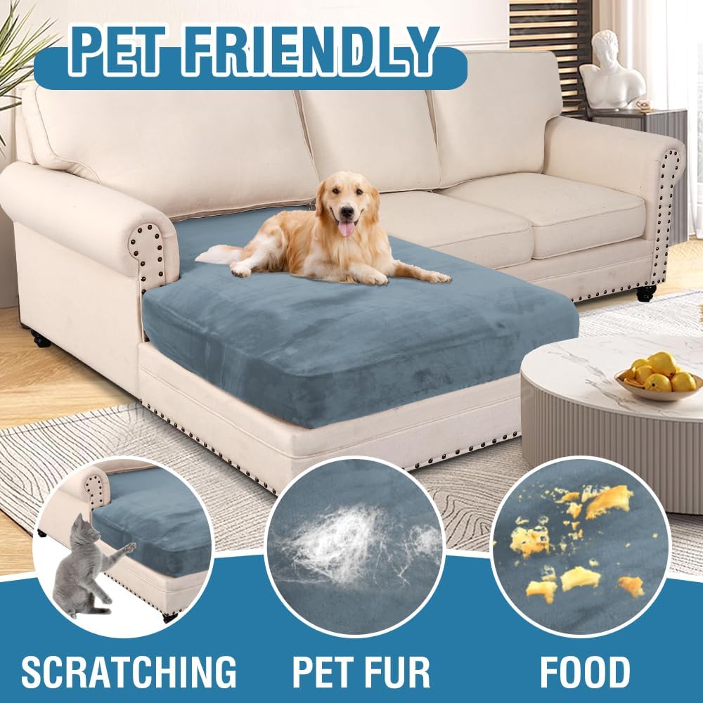 H.VERSAILTEX Velvet Stretch Individual Chaise Cover Sectional Couch Covers for L Shaped Sofa Both Left/Right Furniture Protector Seat Cushion Sofa Cover (1 Piece Chaise Cover, Stone Blue)