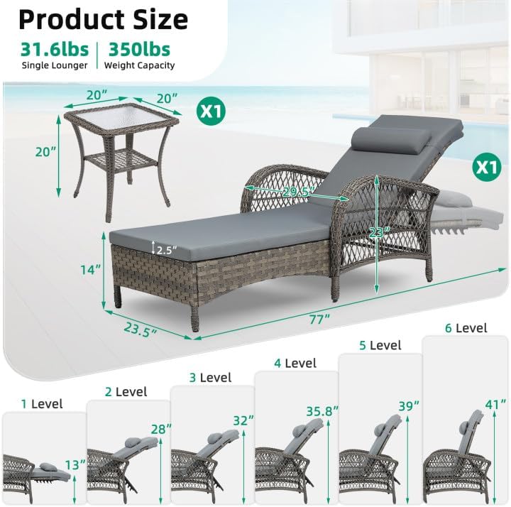 VIVIJASON Outdoor Wicker Chaise Lounge Chair, All-Weather PE Rattan Cushioned Patio Lounger Set with Side Table, 6-Position Adjustable Outside Pool Sunbathing Recliner with Armrest & Pillow, Gray