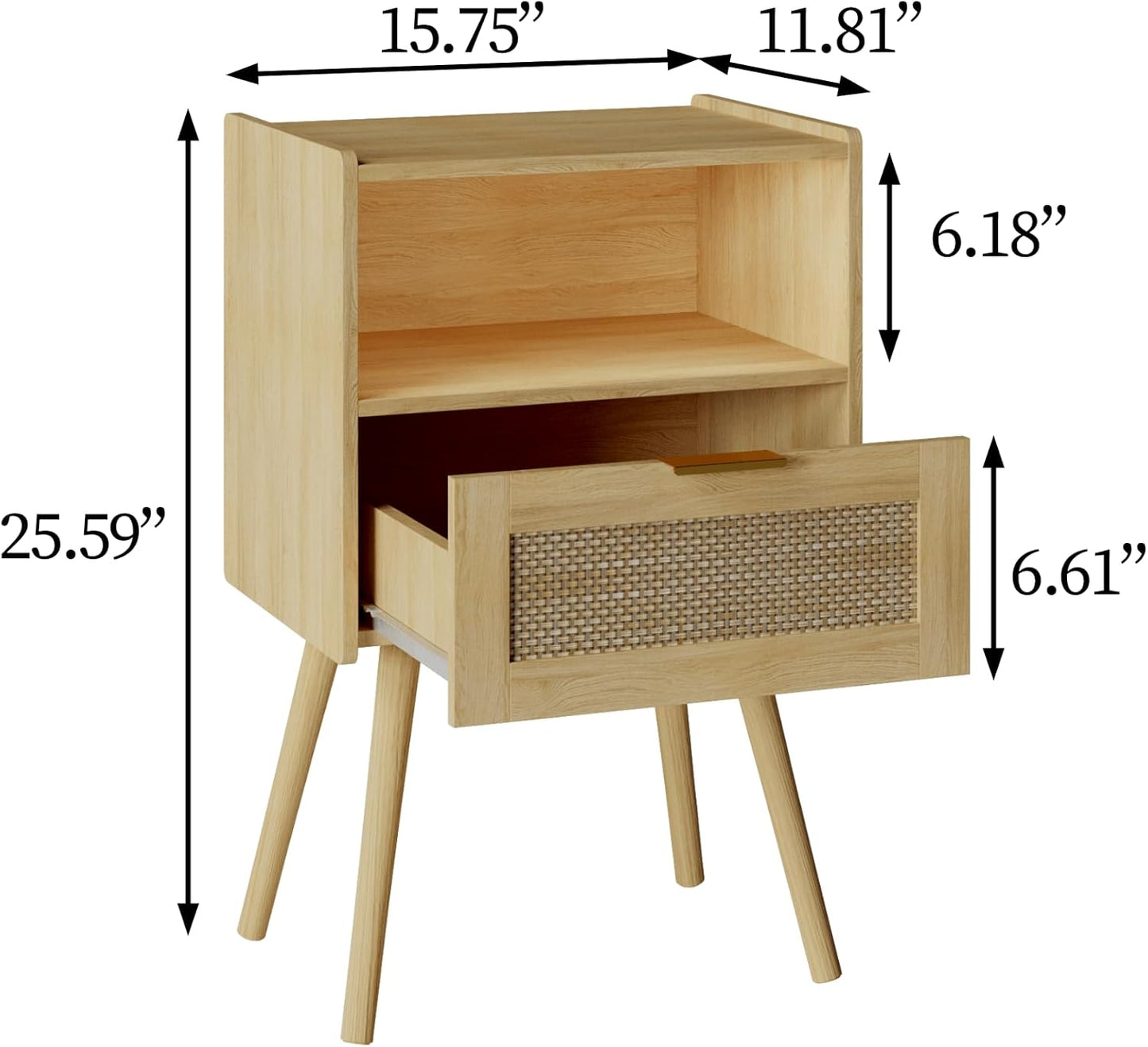 Rattan Nightstand,Modern Bedside Table with Storage Drawer and Open Wood Shelf, for Living Room, Bedroom and Small Spaces, Accent Night Stand with Solid Wood Legs, Easy Assembly,(Oak)