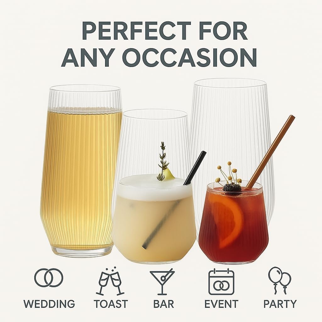 24 Pack Ribbed Origami Ripple Plastic Glasses, 12-9 Ounce Stemless Champagne Flutes & 12-12 Ounce Cups, BPA-Free Disposable Shatterproof Toasting Glasses for Weddings, Bars, and Events (Clear)