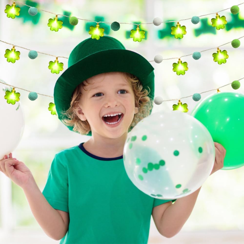9.85Ft St Patricks Day Lights Garland 20 Pompoms 20 LEDs Green Lucky Clover Lights Shamrock String Lights with Timer for Indoor Bedroom Party Bar Garden St. Patrick's Day Decoration Green Irish Decor
