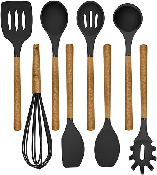 Country Kitchen Non Stick Silicone Utensil Set with Rounded Wood Handles for Cooking and Baking, 8 Piece Set, Black