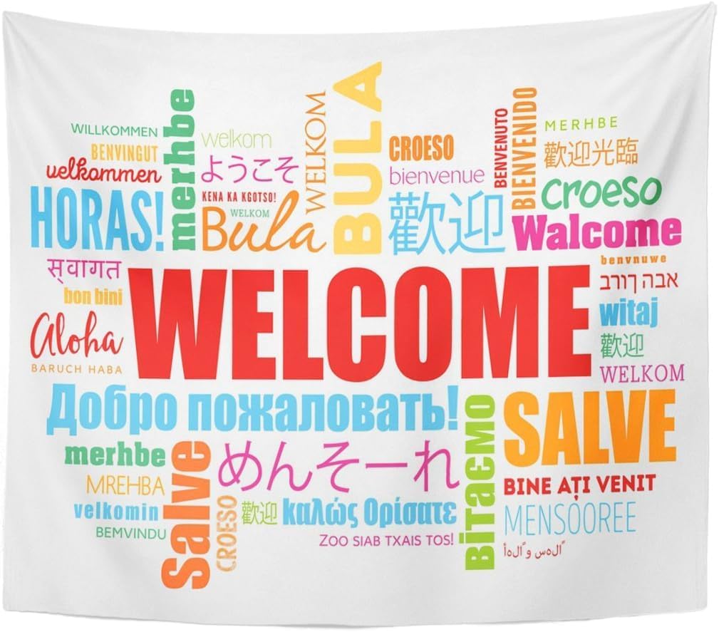 TOMPOP Tapestry World Welcome Word Cloud in Different Languages Conceptual Multilingual Home Decor Wall Hanging for Living Room Bedroom Dorm 60x80 Inches