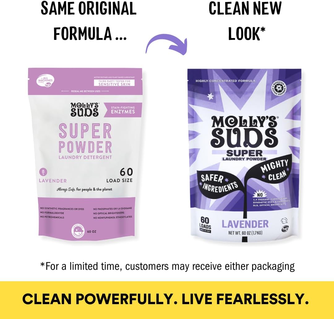 Molly's Suds Super Powder Detergent | Extra Strength Laundry Soap, Stain Fighting | Sensitive Skin | Simple, Effective Ingredients | Lavender, 120 Loads Total (2 Pack)