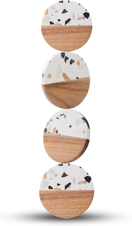 Drink Acacia Wood-Marble Coasters Set of 4,Cup Coaster for Coffee,Beverage,Cute Modern Cool Coasters for Home Decor,Table Desk Coaster Set for Housewarming,Living Room Decor (White-Wooden)