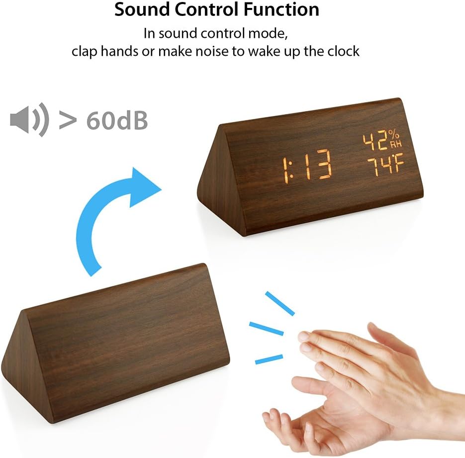 OCT17 Wooden Alarm Clock, Smart LED Digital Clock for Bedroom/desks, Upgraded with Time Temperature, Adjustable Brightness and Voice Control, Humidity Displaying - Brown
