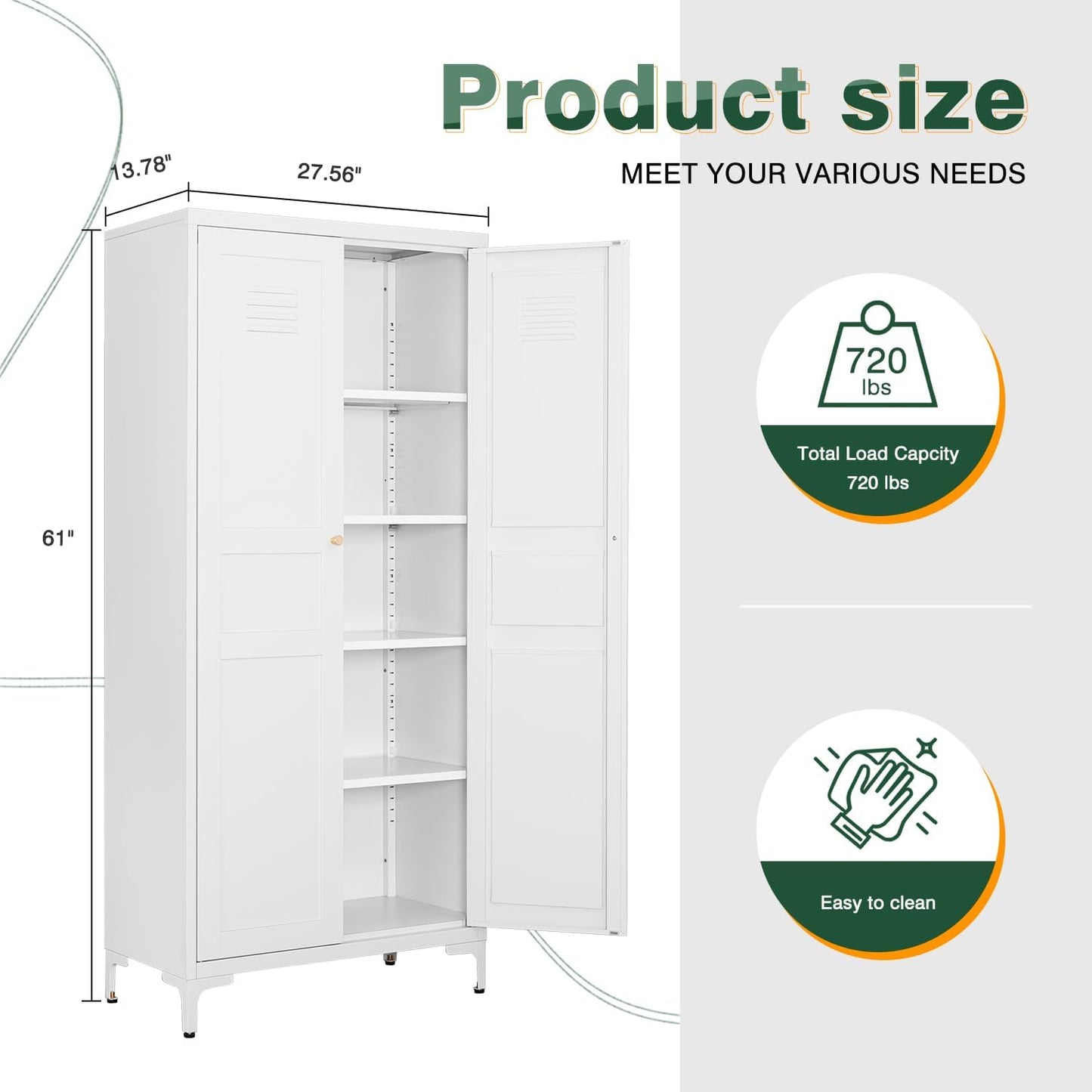 Letaya White Storage Cabinet with Feets-Metal Home Kitchen Pantry Cabinets with Doors and Adjustable Shelves,Organization Locker for Cupboard/Bedroom/Dining/Living/Bathroom/Office/Garage Room (White)
