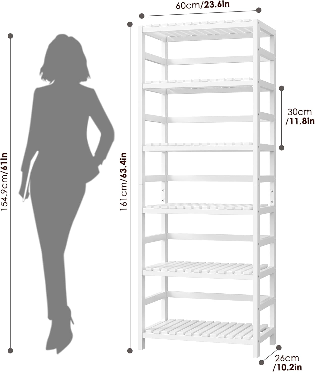 FOTOSOK 6-Tier Bamboo Shelf Set of 2, Bamboo Bookcase with Adjustable Shelves, Free Standing Storage Shelf Unit Plant Flower Stand, Tall Large White Bookshelf for Kitchen, Bathroom, Home Office, White