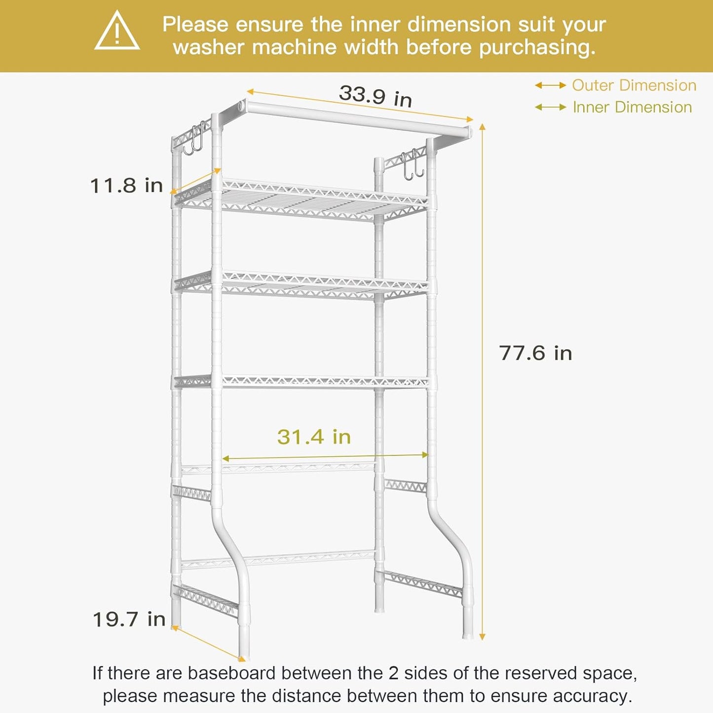 Ulif U11 Over Washer and Dryer Shelves, 3 Tiers Laundry Room Storage and Organizer Standing Shelf, Metal Freestanding Clothes Drying Rack, 33.9" W x 19.7" D x 77.6" H, White