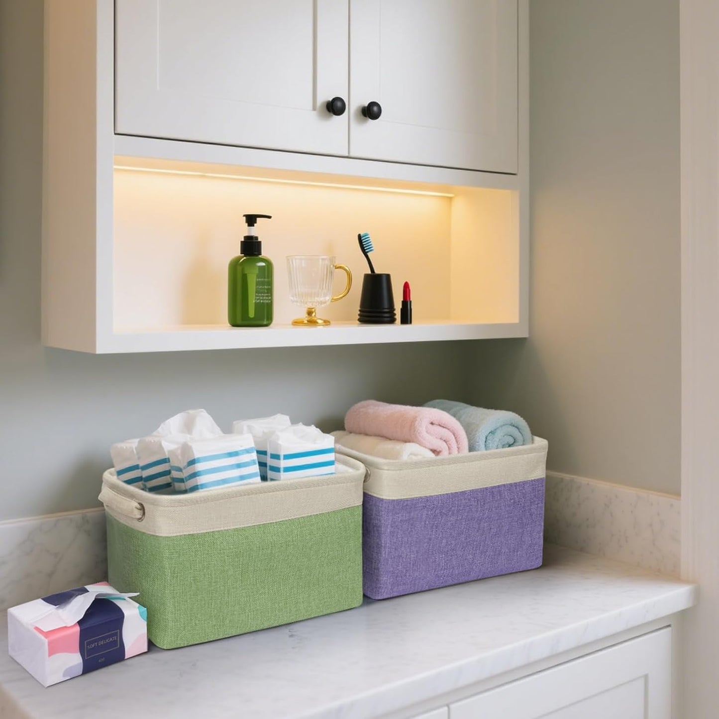 BALEINE 4 Pack Fabric Storage Bins for Shelves, Linen Storage Baskets for Organizing, Decorative Closet Bins for Clothes, Home (Grey, 12"x8"x8")