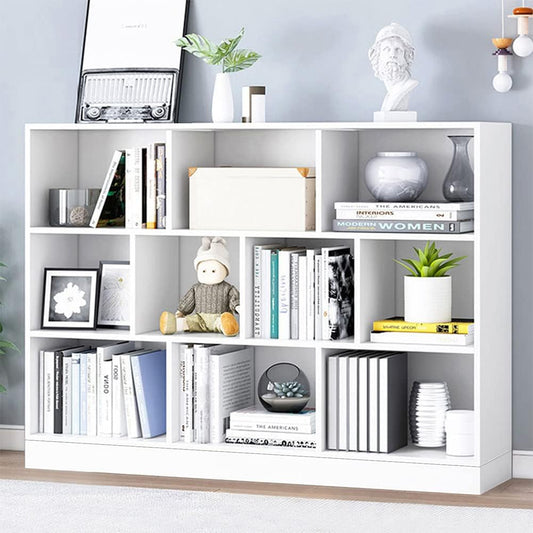 IOTXY Open Shelf Low Bookcase - Wooden 3-Tier Floor Standing Display Cabinet Organizer with Base, 10 Cubes Short Horizontal Bookshelf in Warm White