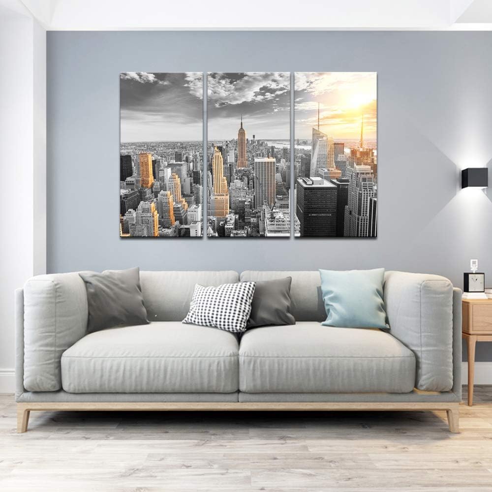 LevvArts Large 3 Piece New York City Canvas Wall Art Modern Black and White NYC at Gold Sunset Picture Prints Cityscape Skyline Poster Framed for Home Office Living Room Decor