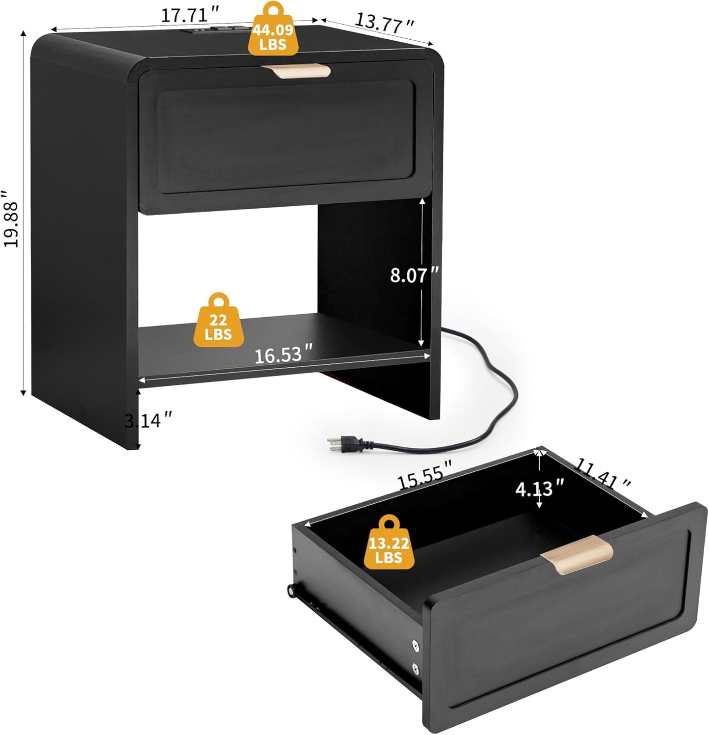 LEVNARY Nightstand Set of 2, Mid-Century Modern Bedside Table with Charging Station and Curved Top Corners, Wooden End Table for Farmhouse Bedroom Living Room (2, Black)