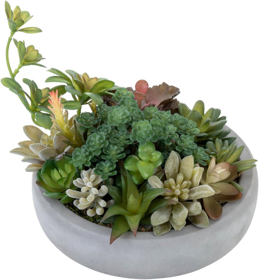 MyGift Assorted Indoor Fake Plants Artificial Succulent Arrangement in Round Gray Cement Planter Pot
