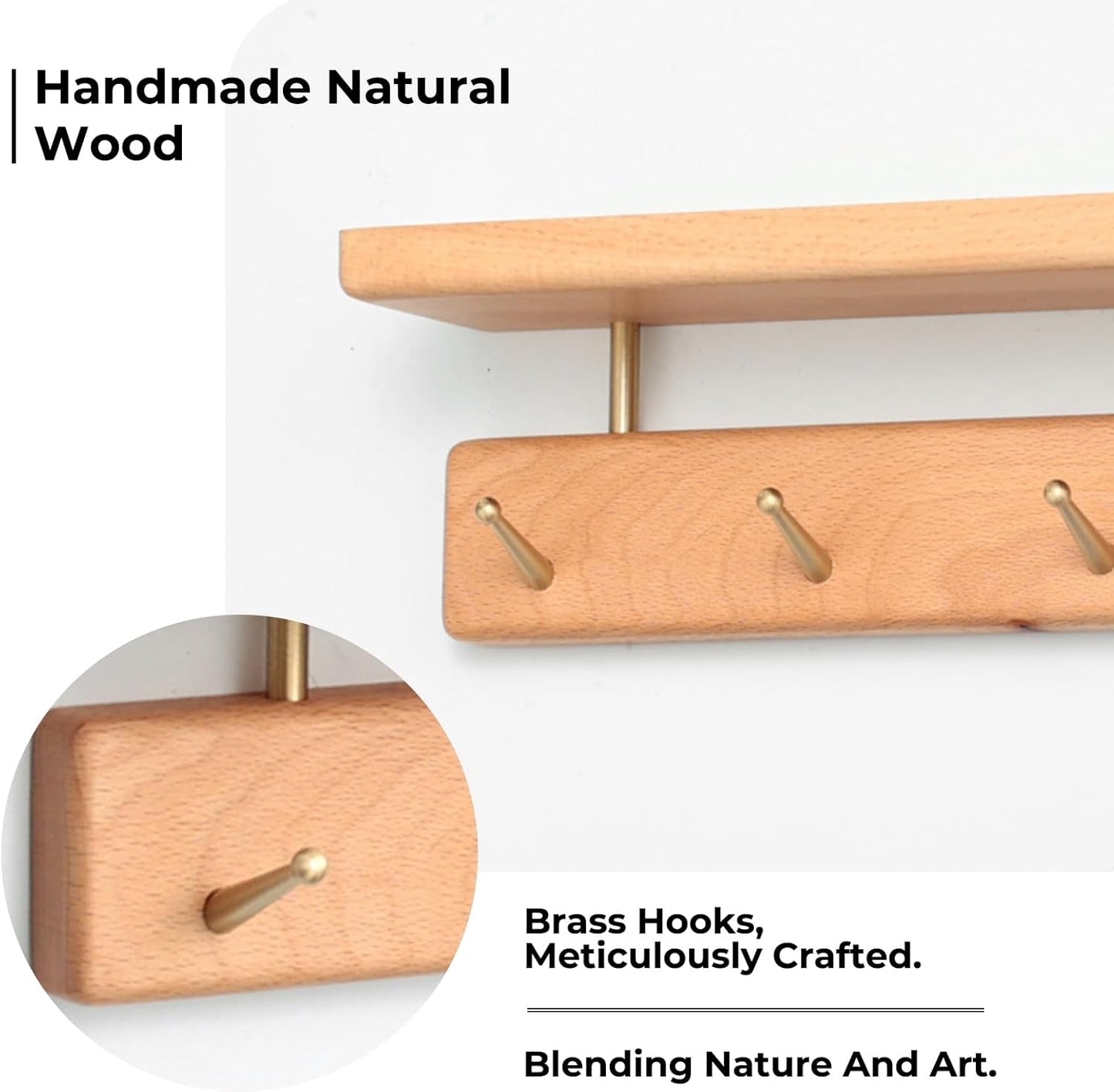 Shelf with Hooks, Solid Wood Bedroom Shelves for Wall, Wooden Coat Rack Wall Mount for Bathroom, Kitchen, Door Entryway (Beech, 38cm/14.96inch)