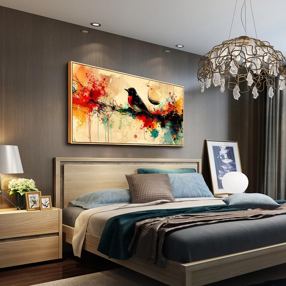 hyidecorart Wood Framed Wall Art For Living Room Large Wall Decor For Bedroom Office Home Wall Decor Pictures Posters Artwork Abstract Watercolor Bird Painting Hotel Canvas Art Room Decoration