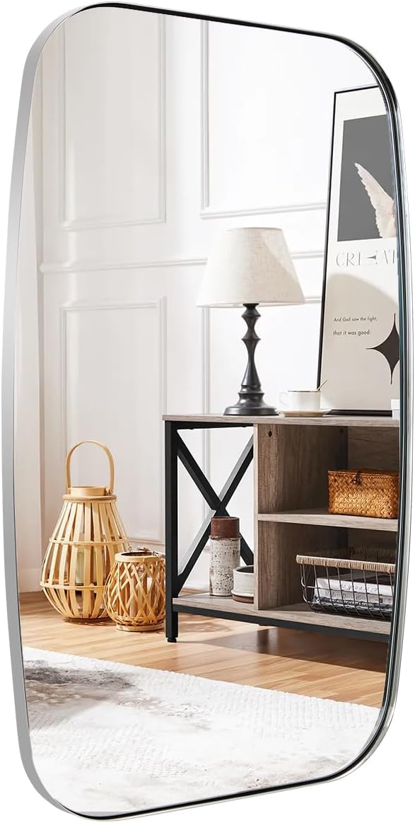 ANDY STAR Chrome Bathroom Mirror, 28x36 Inch Stainless Steel Metal Frame Oblong Bathroom Mirror for Vanity, 1’’ Deep Wall Mounted Vertically/Horizontal