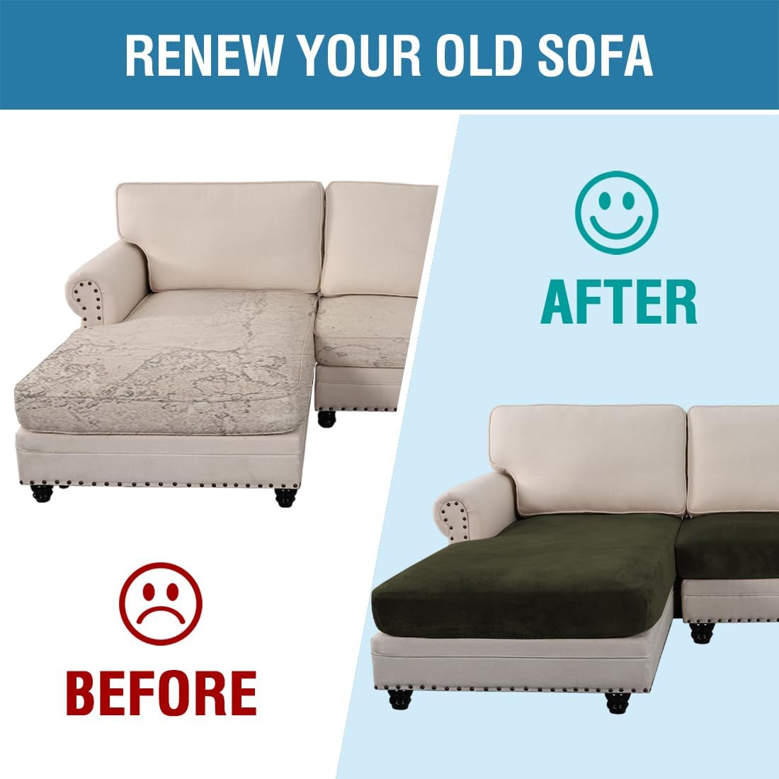 H.VERSAILTEX Velvet Stretch Sectional Couch Covers 3 Pieces Sofa Seat Cushion Covers L Shape Separate Couch Cover for Both Left/Right Sectional Couch (Large Sofa 2 Seater + 1 Chaise, Olive)