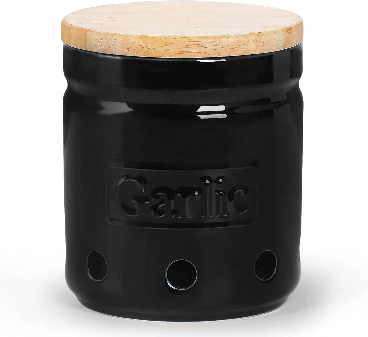 ONTUBE Large Garlic Keeper with Wooden Lid, Ceramic Garlic Holder Storage, Garlic Container for Kitchen, Garlic Saver to Keep Your Garlic Cloves Fresh Longer 4.5-Inch, Black