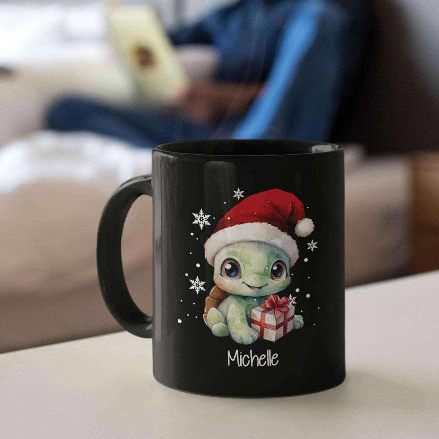 Coffee Mug With Xmas Turtle Design, Personalized Turtle Wearing Santa Hat Cup, Cute Baby Animal Black Mug 11oz 15oz, Custom Christmas Ceramic Cup, Customized Christmas Animal Mug Gift