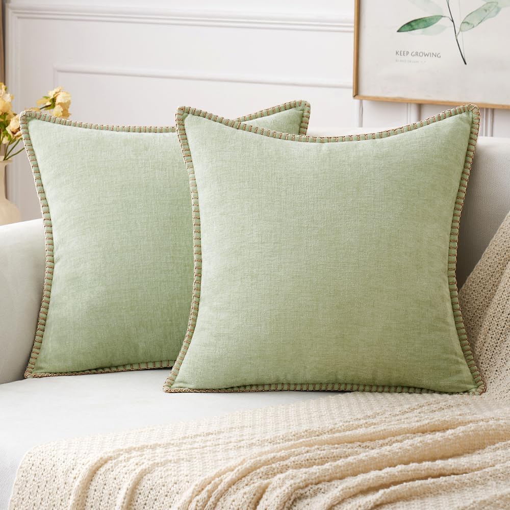 MIULEE Pack of 2 Couch Throw Pillow Covers 18x18 Inch Light Green Farmhouse Decorative Pillow Covers with Stitched Edge Soft Chenille Solid Dyed Spring Pillow Covers for Sofa Bed Living Room