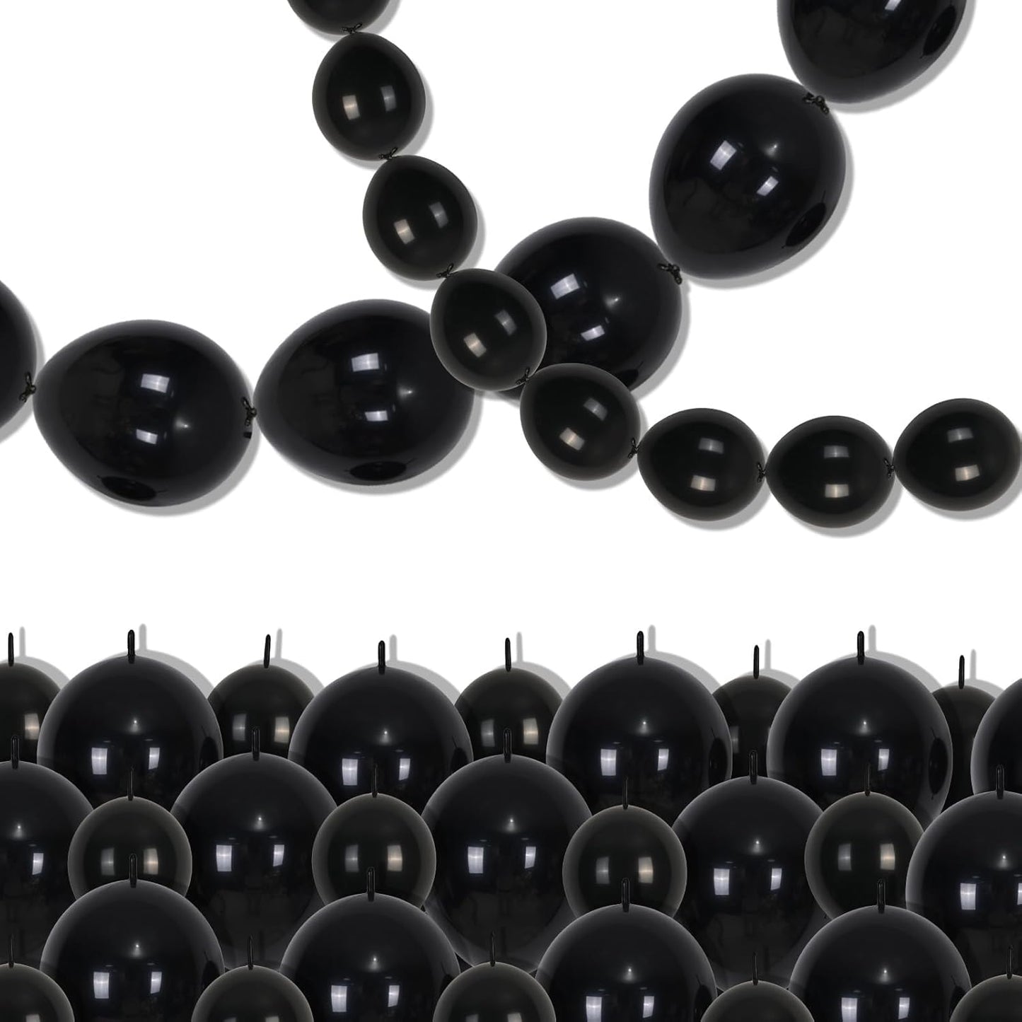 Black Linking Balloons, 120PCS Linked Balloon with Tail for Balloon Wall Arch and Chains, Quick Linkable Balloons for Wedding Birthday Baby Shower Engagement Graduation Party Decorations (6+10inch)