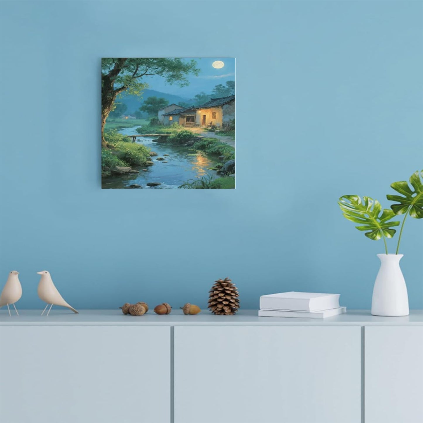 Moonlight under the big tree creek cabin scenery is suitable for posting in the living room bedroom office scenery poster wall painting