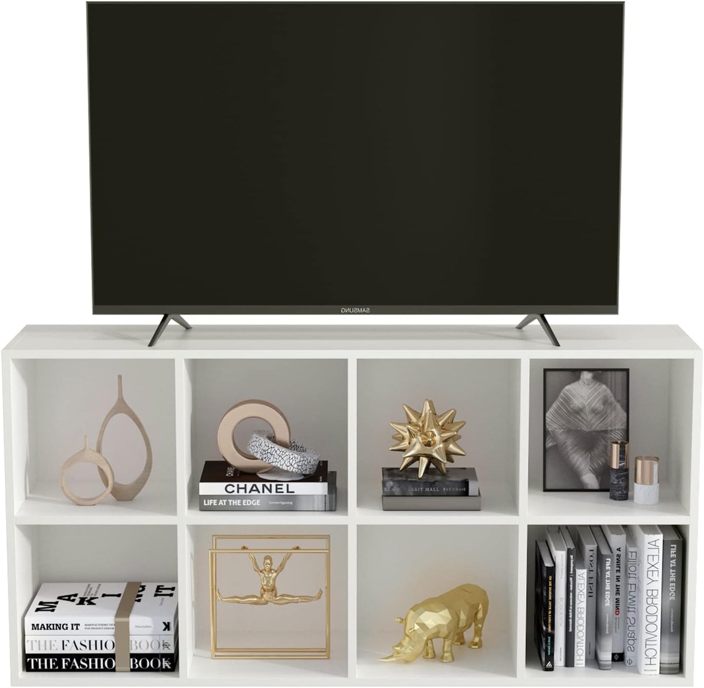 8-Cube Storage Shelf Bookcase - Wooden 4-Tier Floor Standing Open Bookshelf, Modern TV Stand up to 55 Inchs for Home and Office, Warm White