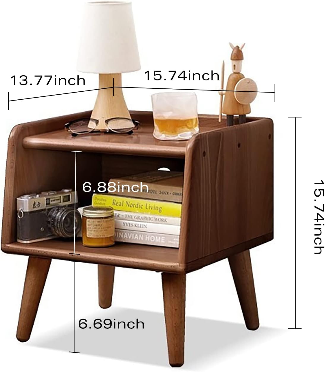 Small Nightstand, 100% Solid Oak Wood Bedside Table, Mid Century Modern Nightstand with Open Storage,Storage Cabinet for Bedroom (2pc Walnut Color)