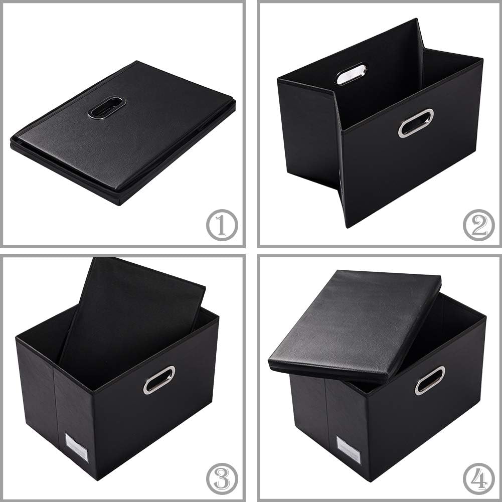 PRANDOM Large Foldable Storage Bins with Lids [3-Pack] Leather Fabric Collapsible Storage Boxes Organizer Containers Baskets Cube with Cover for Home Bedroom Closet Office Black(17.7x11.8x11.8)