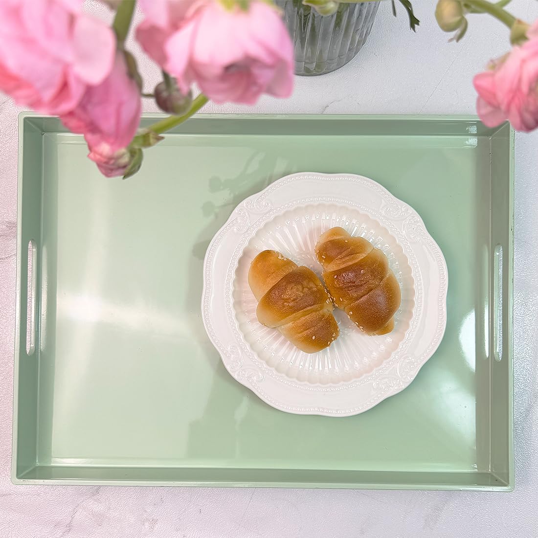 Turquoise Green Decorative Tray, Rectangular Large Serving Tray with Handles, Plastic Coffee Table Tray for Ottoman, Living Room, Kitchen Tabletop,15.7” x 11.8” x1.6”