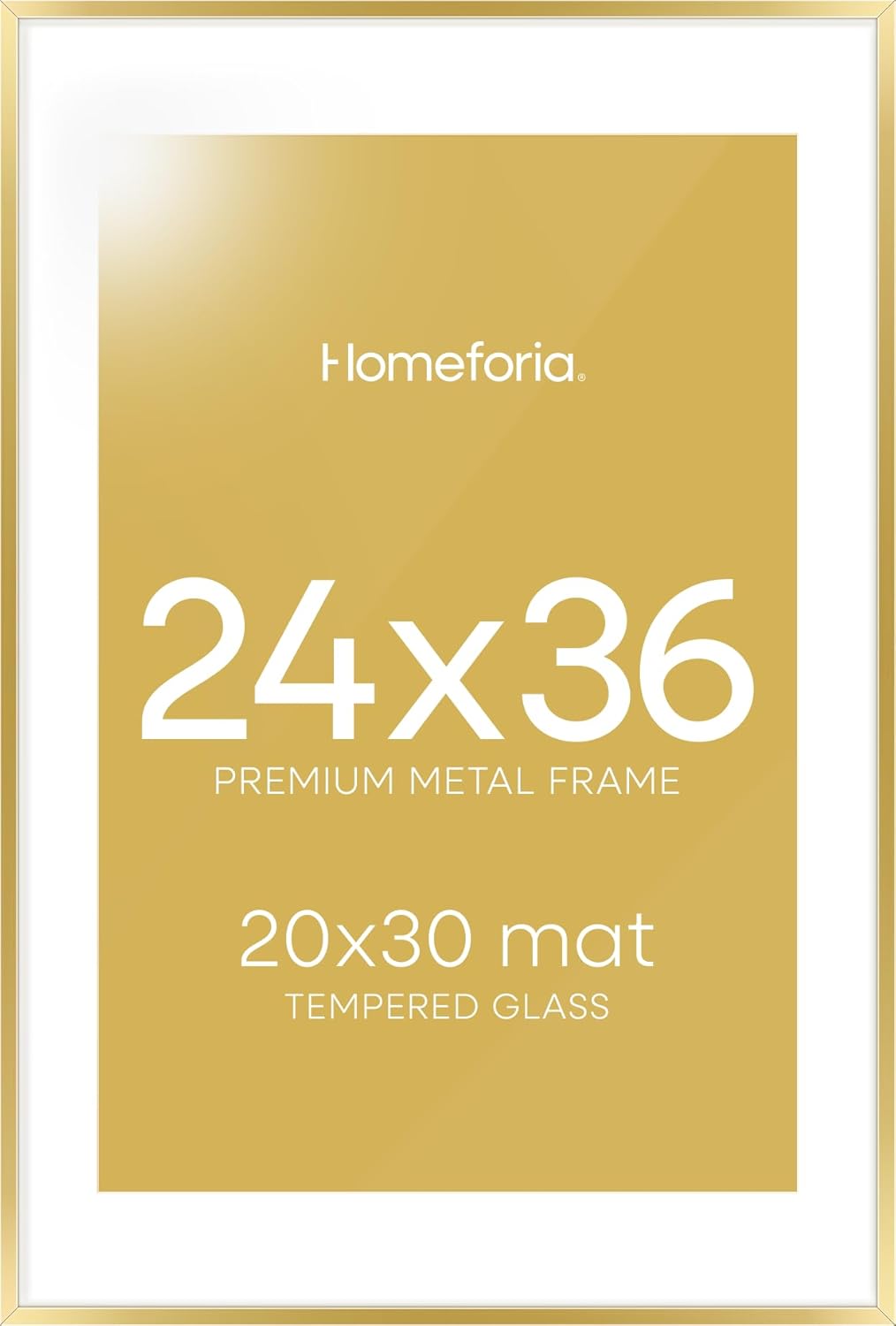 Homeforia 24x36 Gold Picture Frame, High End Metal 24 x 36 Large Poster Frames with Mat 20 by 30 inch Photo, 24x36 Gold Frame Matted to 20x30 for Print, 36x24 Frame, Tempered Glass, Wall Kit, Set of 1