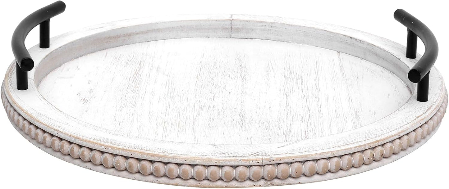 SwallowLiving White Wooden Beaded Serving Tray with Handle Decorative Rustic Whitewashed Tray for Coffee Table Farmhouse Round Tray for Kitchen, Living Room and Bedroom