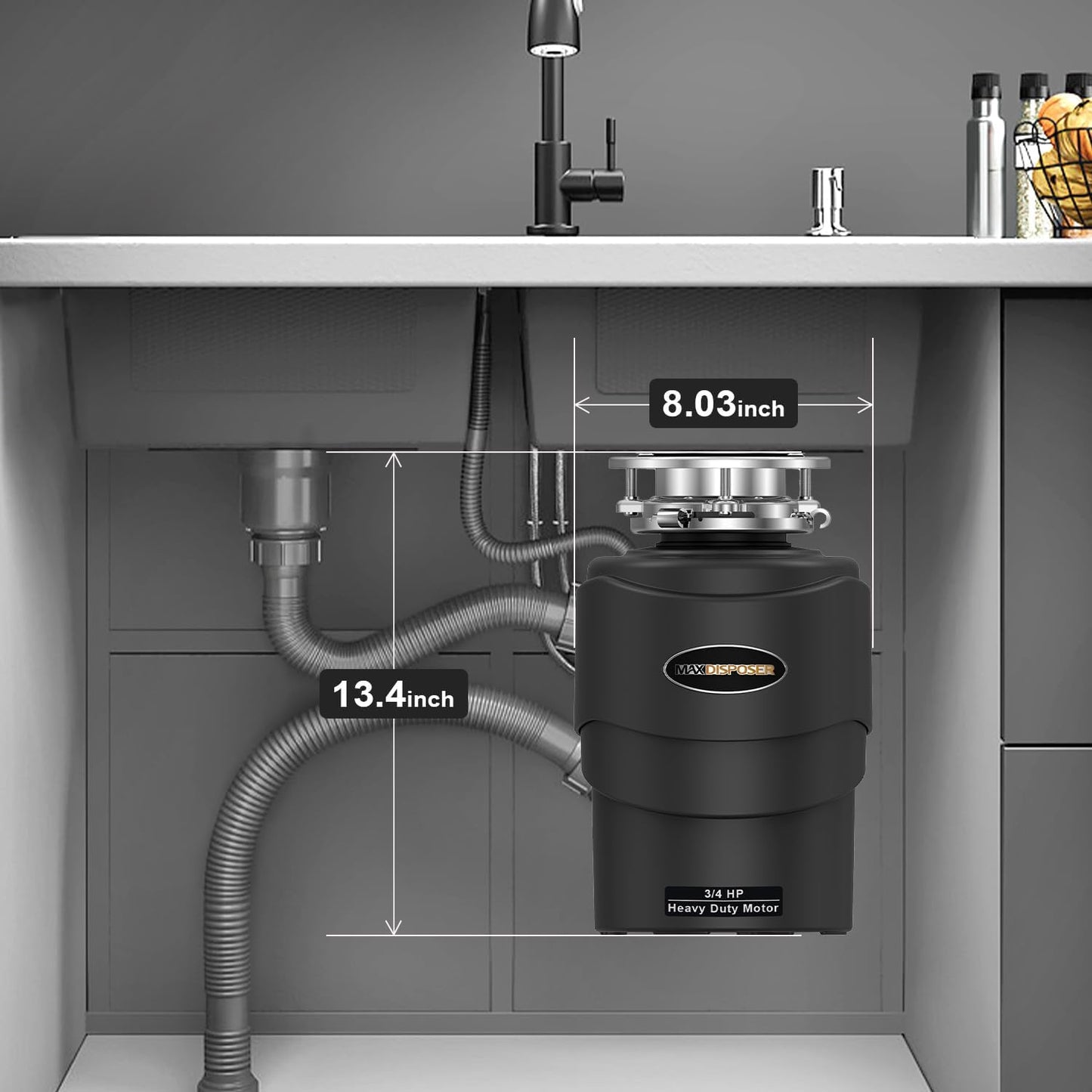 Garbage Disposal 3/4 HP Ultra Quiet powerful grinding Kitchen Food Waste Disposer with Power Cord Easy install, AC Motor Unit Continuous Feed Stainless Steel Grind 0.75 Horsepower (MAX-5)