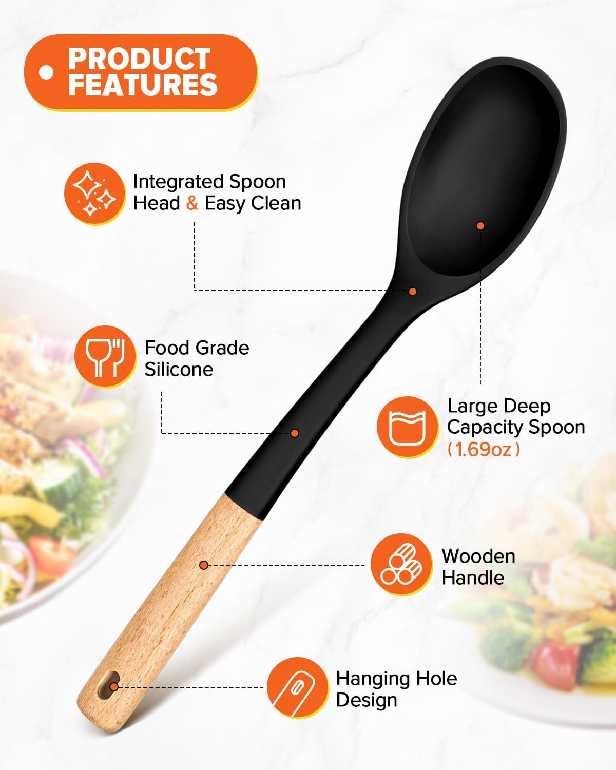 Silicone Cooking Spoons, Great for Scooping Sides and Serving Hearty Stews, BPA-Free Matte Silicone, Wooden Handle Serving Spoon for Nonstick Cooking Surfaces (Black)