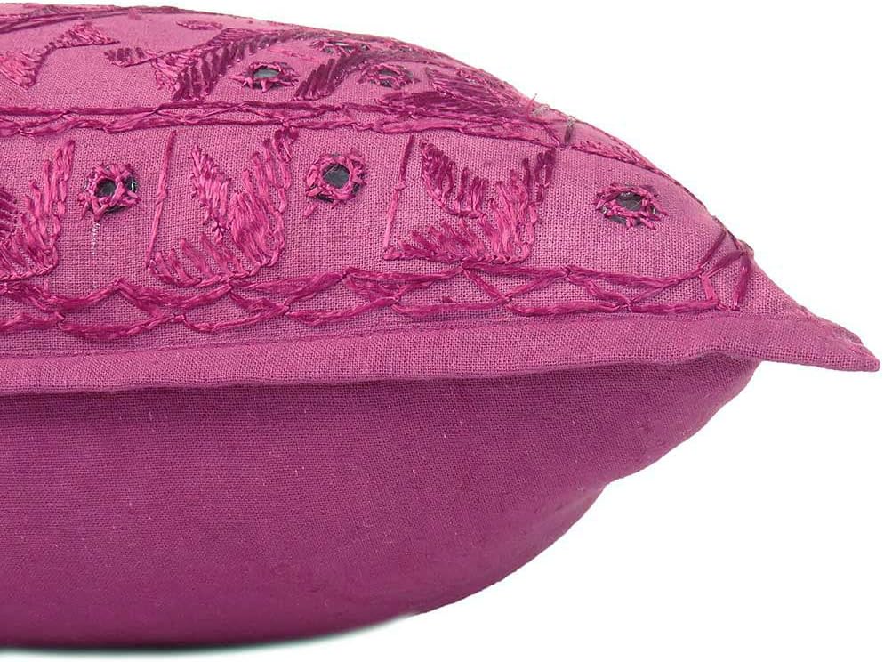 Eyes of India Embroidered Decorative Boho Throw Pillow Cover with Mirrors, Handmade Bohemian Accent Cushion Case for Sofa Couch Bedroom Living Room (Burgundy, 16" x 16")