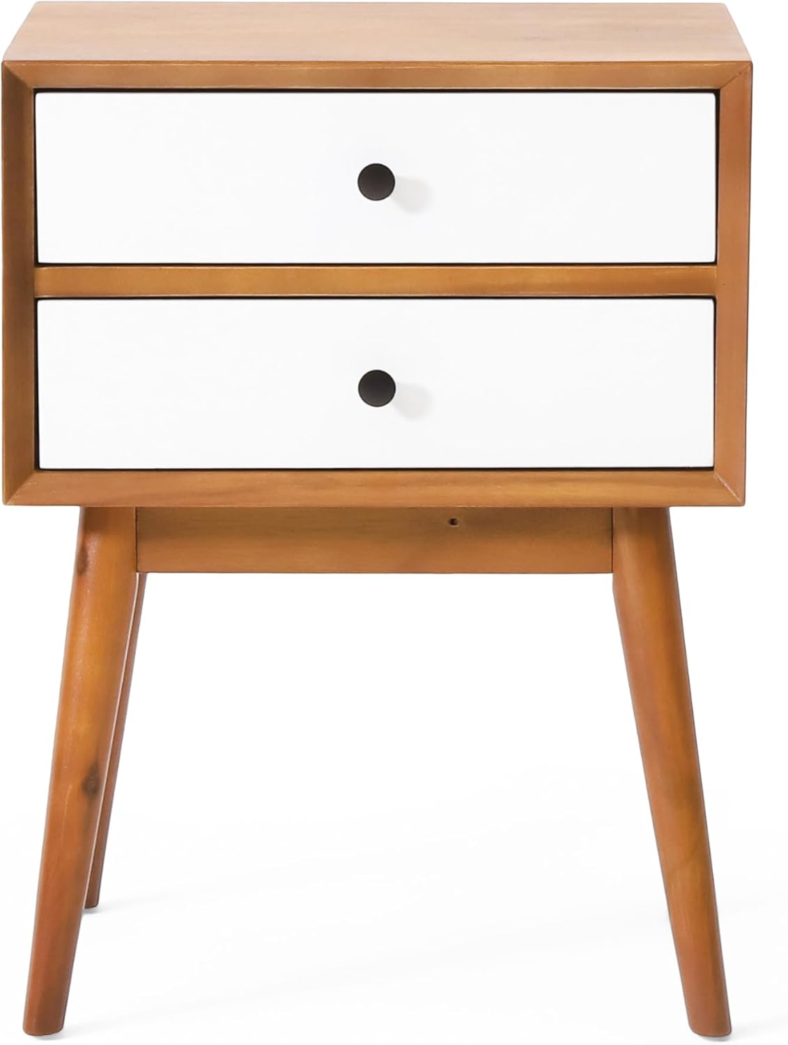 Christopher Knight Home Mid-Century Nightstand, Acacia Wood Nightstand Side Table, Accent Bedside End Table with Solid Wood Legs for Bedroom, Dorm and Small Spaces,White + Natural Oak