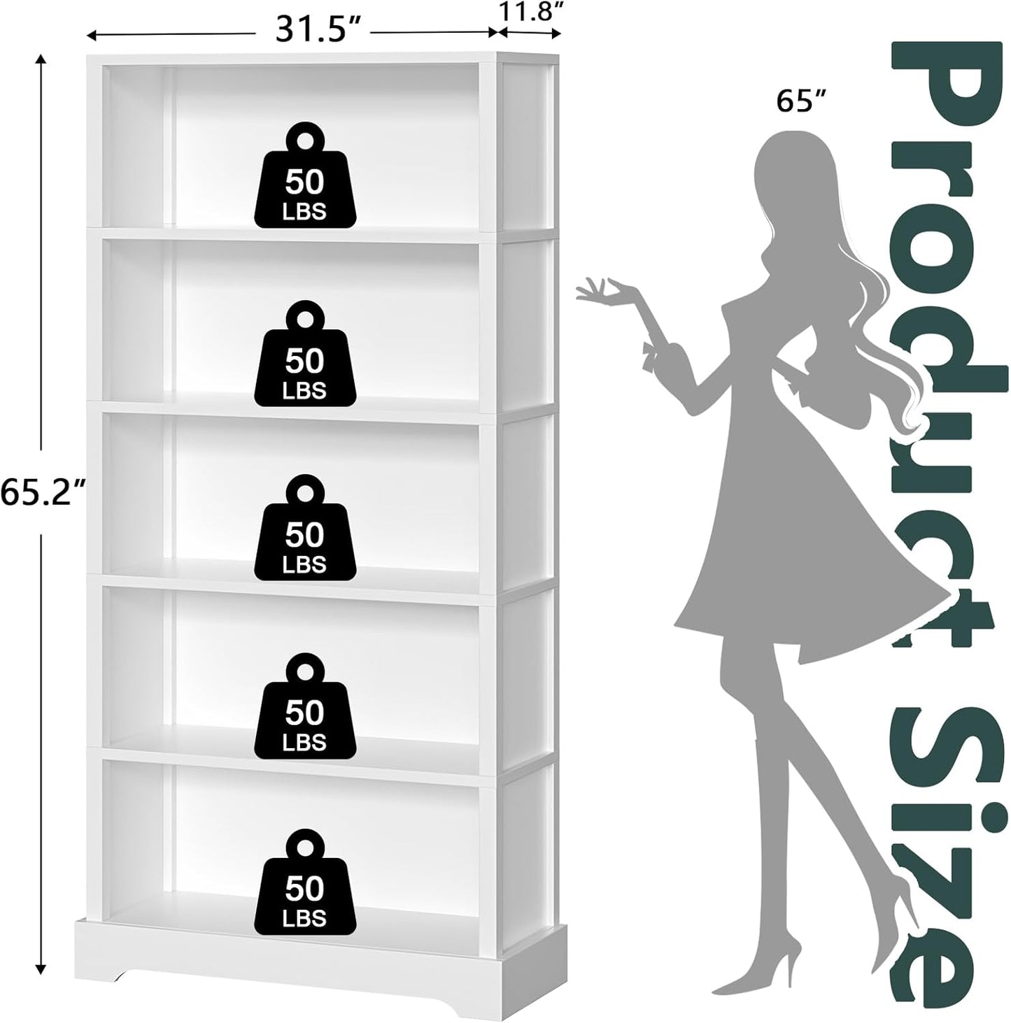 TVU 5-Shelf Wood Bookcase, 65 Inch Tall Bookshelf with Storage, Floor Standing Display Book Shelf，for Living Room Bedroom Study Office, White